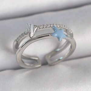 Pirinç Gümüş Renk 2'Li Zirkon Taşlı Mavi Yıldız Figür Ayarlanabilir Kadın Yüzük BYK3738