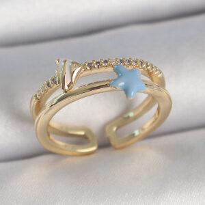 Pirinç Gold Renk 2'Li Zirkon Taşlı Mavi Yıldız Figür Ayarlanabilir Kadın Yüzük BYK3739