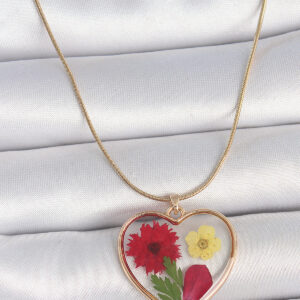 316L Çelik Gold Renk Zincir Epokis Kalp Doğal Çiçek Model Kadın Kolye BKO10068