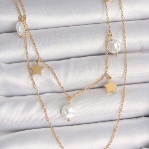 316L Çelik Gold Renk 2'Li Zincir Sallantı Yıldız İnci Model Kadın Kolye BKO10110