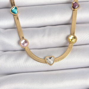 316L Çelik Gold Renk İtalyan Zincir Renkli Zirkon Taşlı Kalp Figür Kadın Kolye BKO10117