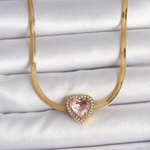 316L Çelik Gold Renk İtalyan Zincir Pembe Zirkon Taşlı Kalp Model Kadın Kolye BKO10120