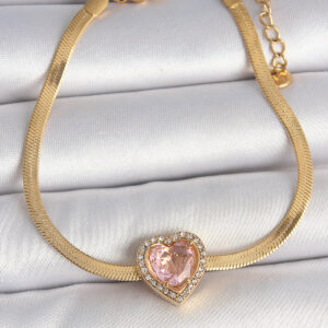 316L Çelik Gold Renk İtalyan Zincir Pembe Zirkon Taşlı Kalp Model Kadın Bileklik BB6952