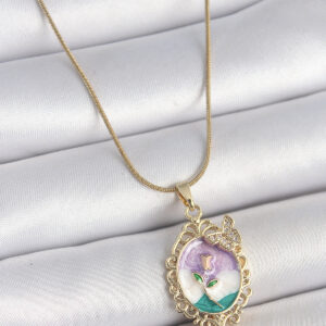 316L Çelik Gold Renk Zincir Mix Renk Mineli Çiçek İşlemeli Zirkon Taş Detaylı Portre Model Kadın Kolye BKO10184