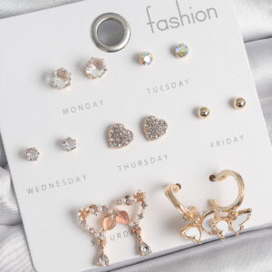 Pirinç Gold Renk Zirkon Taşlı Sallantılı Kalp Figür Kelebek Detay 7 Çift Kadın Küpe Seti BKP10539