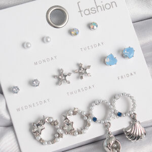 Pirinç Gümüş Renk İncli Zirkon Taşlı Halka Figür Yıldız Detay 7 Çift Kadın Küpe Seti BKP10547