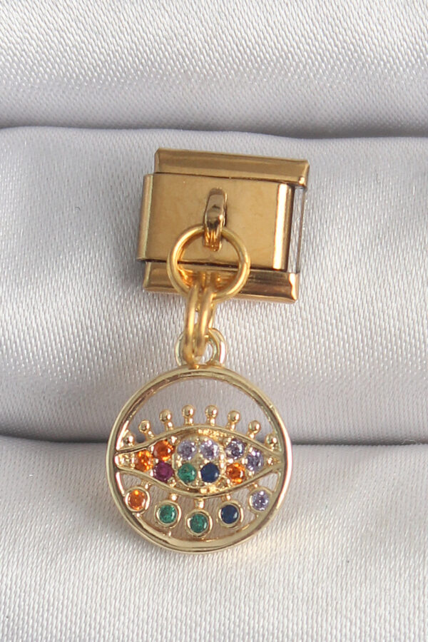 Kalbinle 316L Çelik Gold Renk Sallantı Renkli Zirkon Taşlı Göz Model Nomination Charm BC1346