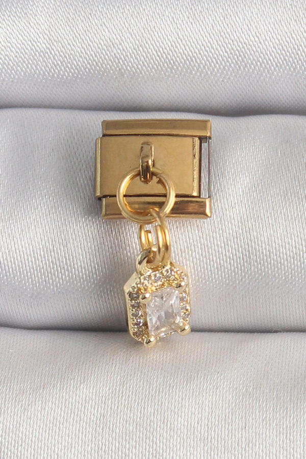 Kalbinle 316L Çelik Gold Renk Sallantı Zirkon Taşlı Kare Model Nomination Charm BC1348