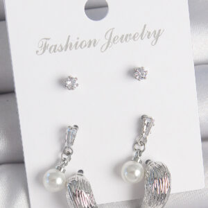 Pirinç Gümüş Renk Sallantılı Zirkon Taşlı Damla Model 3 Çift Kadın Küpe Seti BKP10593