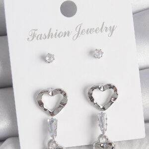 Pirinç Gümüş Renk Zirkon Taş Detaylı Sallantı Model 2 Çift Kadın Küpe Seti BKP10595