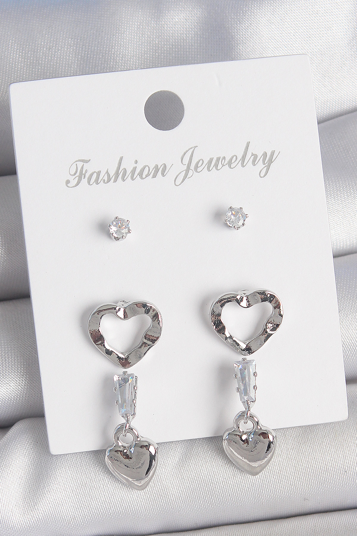 Pirinç Gümüş Renk Zirkon Taş Detaylı Sallantı Model 2 Çift Kadın Küpe Seti BKP10595