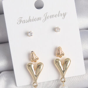 Pirinç Gold Renk Zirkon Taşlı İncili Sallantılı Kalp Model 3 Çift Kadın Küpe Seti BKP10608