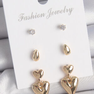 Pirinç Gold Renk Zirkon Taşlı Sallantılı Kalp Model 3 Çift Kadın Küpe Seti BKP10610