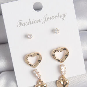 Pirinç Gold Renk Zirkon Taşlı Sallantı Kalp Model Kadın 3 Çift Küpe Seti BKP10613