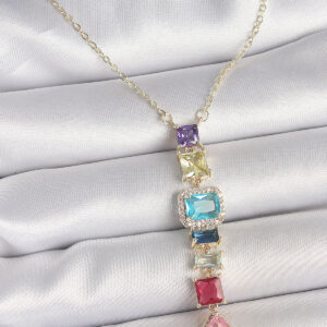 Gold Karışık Renk Zirkon Taşlı Y Pirinç Kolye BKO10225