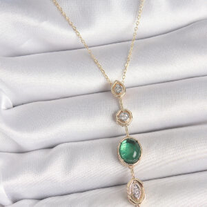 Pirinç Zincir Zümrüt Yeşil Gold Renk Zirkon Taşlı Y Kolye BKO10229