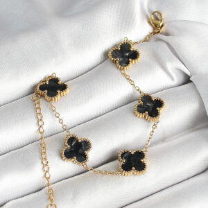 316L Çelik Sedefli Siyah Gold Renk Yonca Kadın Bileklik BB6969