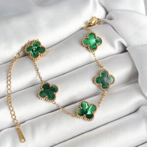 316L Çelik Sedefli Zümrüt Yeşil Gold Renk Yonca Kadın Bileklik BB6968