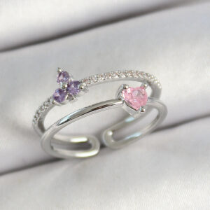 Pirinç Kalp Ve Çiçek Figürlü Zirkon Taşlı Gümüş Renk Ayarlanabilir Kadın Yüzük BYK3775