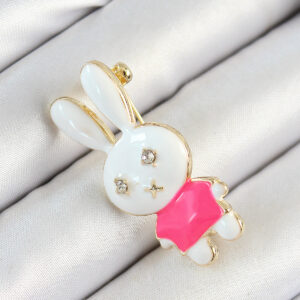 Zirkon Taş Detaylı Beyaz Ve Pembe 3D Tavşan Figürlü Kadın Broş BR436