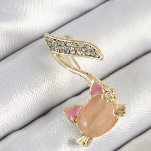 Zirkon Taşlı 3D Kedi Detaylı Nota Figürlü Gold Renk Kadın Broş BR444