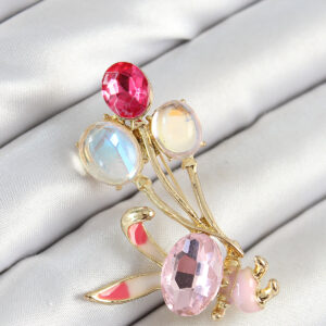 Zirkon Taşlı Balonlu Pembe Tavşan Figürlü Gold Renk Kadın Broş BR451