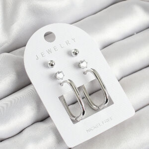 Pirinç Zirkon Taş Ve Dikdörtgen Figürlü Gümüş Renk 3'lü Çift Kadın Küpe Set BKP10645