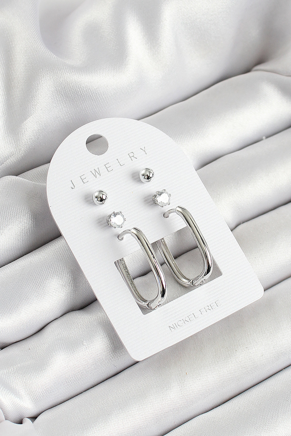 Pirinç Zirkon Taş Ve Dikdörtgen Figürlü Gümüş Renk 3'lü Çift Kadın Küpe Set BKP10645