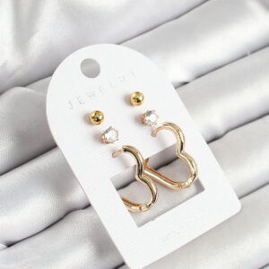 Pirinç Zirkon Taş Ve Kalp Figürlü Gold Renk 3'lü Çift Kadın Küpe Set BKP10650