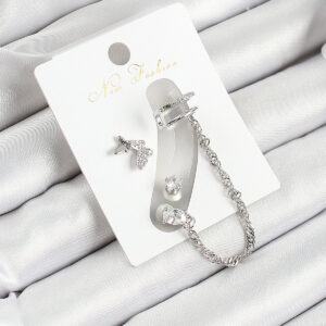 Pirinç Kelebek Figürlü Zirkon Taşlı Gümüş Renk 3'lü Kıkırdak Kadın Küpe Set BKP10659