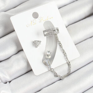 Pirinç Üçgen Figürlü Zirkon Taşlı Gümüş Renk 3'lü Kıkırdak Kadın Küpe Set BKP10658