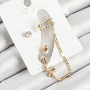 Pirinç Yılan Figürlü Zirkon Taşlı Gold Renk 3'lü Kıkırdak Kadın Küpe Set BKP10664