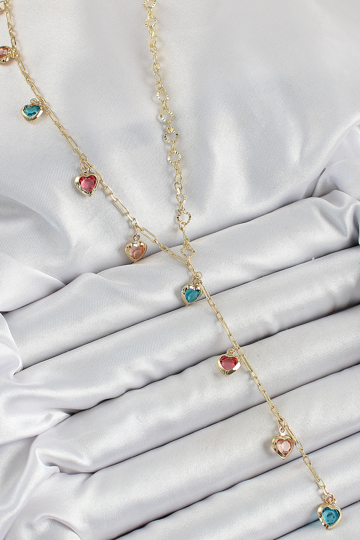 Pirinç Asorti Kalp Model Gold Renk Zirkon Taşlı Y Kolye BKO10248