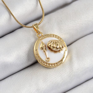 316L Çelik Zincir Beyaz Mineli Sanatsal Portre İstiridye Model Gold Renk Kadın Kolye BKO10267