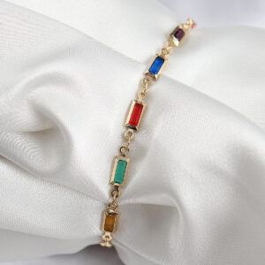 Pirinç Gold Renk Karışık Renkli Kare Zirkon Taşlı Kadın Bileklik BB7040