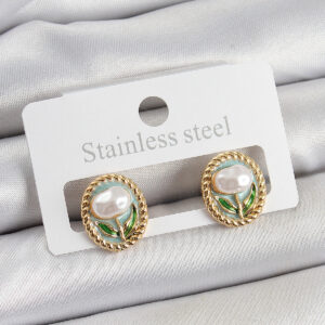 Pirinç Yeşil Mineli Lale Figürlü Sanatsal Portre Model Gold Renk Kadın Küpe BKP10673