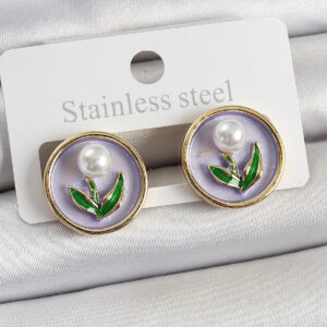 Pirinç Mor Mineli Lale Figürlü Sanatsal Portre Model Gold Renk Kadın Küpe BKP10676