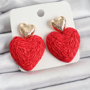 Kırmızı Kalp Figürlü Hasır Örgü Model Gold Renk Kadın Küpe BKP10735