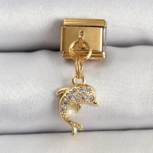 316L Çelik Sallantılı Zirkon Taşlı Yunus Balığı Model Gold Renk Nomination Charm BC1407