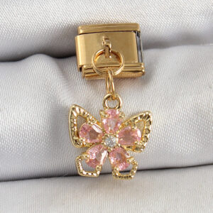 316L Çelik Sallantılı Zirkon Taşlı Çiçek Figürlü Kelebek Model Gold Renk Nomination Charm BC1419