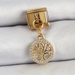 316L Çelik Sallantılı Zirkon Taşlı Hayat Ağacı Model Gold Renk Nomination Charm BC1422