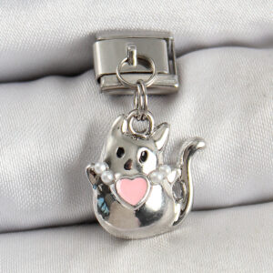 316L Çelik Sallantılı Kalp Detaylı Kedi Model Gümüş Renk Nomination Charm BC1460