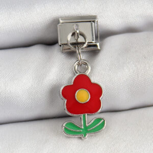 316L Çelik Sallantılı Kırmızı Papatya Model Gümüş Renk Nomination Charm BC1466
