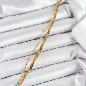 316L Çelik Gold Renk Karışık Renkli Kristal Taşlı 2'li Kadın Bileklik BB7093