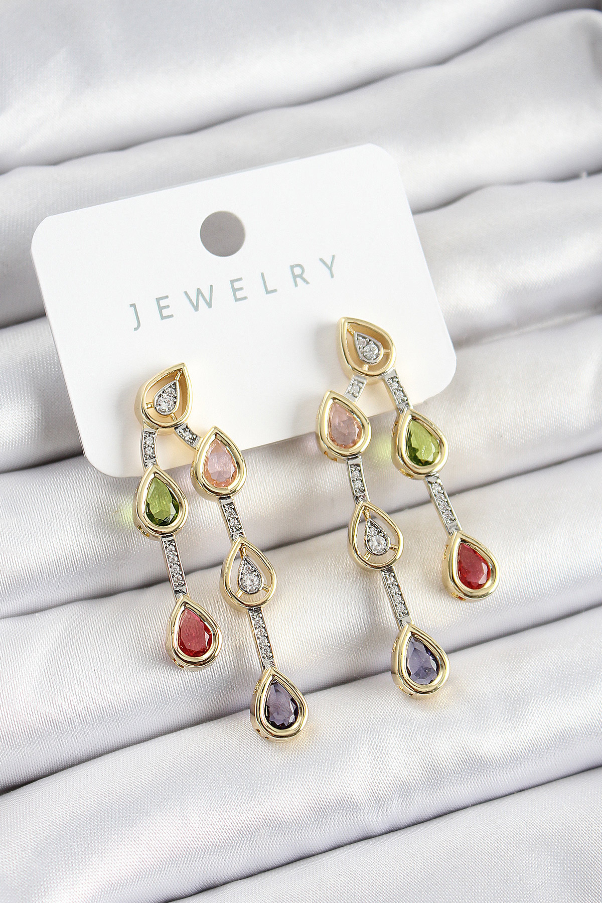 Pirinç Çoklu Damla Model Karşık Zirkon Taşlı Gold Ve Gümüş Renk Kadın Küpe BKP10742