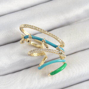 Pirinç Zirkon Taşlı Mavi Yeşil Sıkıştırma Sağ Kıkırdak Gold Renk Kadın Küpe BKP10754