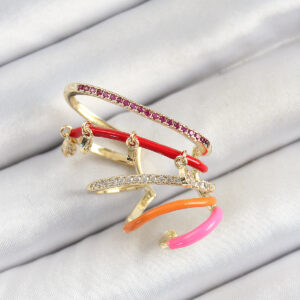 Pirinç Zirkon Taşlı Kırmızı Turuncu Pembe Sıkıştırma Sağ Kıkırdak Gold Renk Kadın Küpe BKP10755