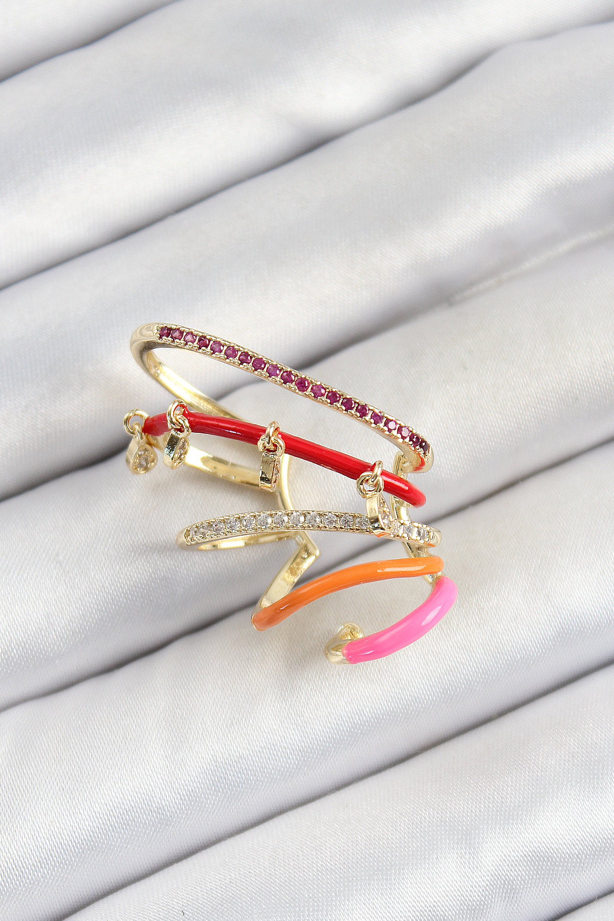 Pirinç Zirkon Taşlı Kırmızı Turuncu Pembe Sıkıştırma Sağ Kıkırdak Gold Renk Kadın Küpe BKP10755