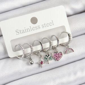 Pirinç Zirkon Taşlı Karpuz Yonca Kalp Pusula Karışık Model Gümüş Renk 6'lı Set Kadın Küpe BKP10757