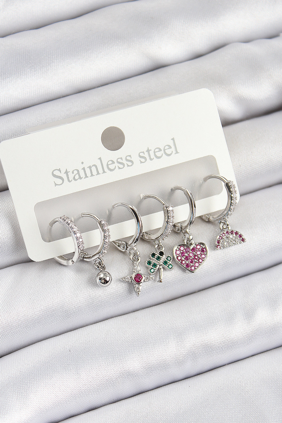 Pirinç Zirkon Taşlı Karpuz Yonca Kalp Pusula Karışık Model Gümüş Renk 6'lı Set Kadın Küpe BKP10757